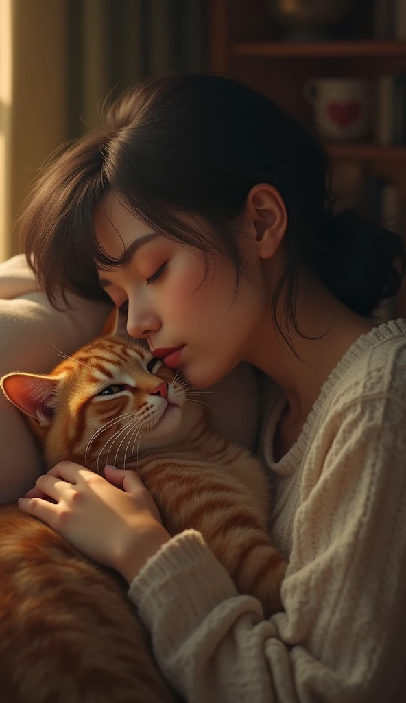3d、Ultra HD、Side view、Digital Art、A cat is resting its head on a woman's head inside the house、Real woman