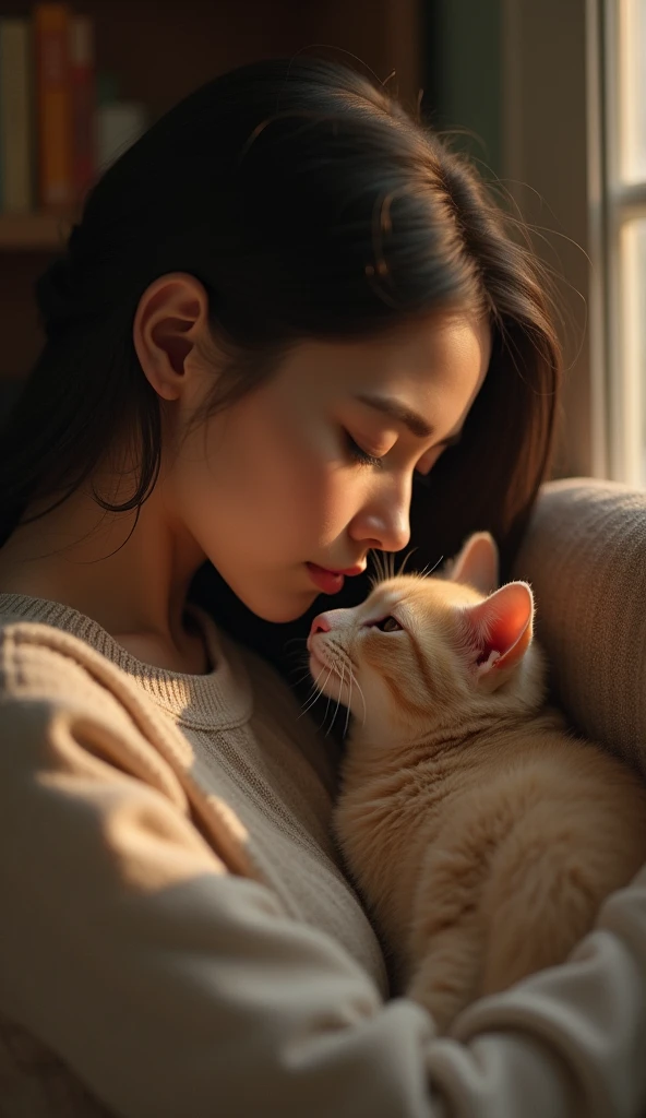 3d、Ultra HD、Side view、Digital Art、A cat is resting its head on a woman&#39;s head inside the house、Real woman