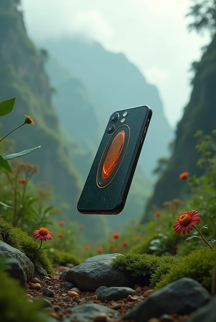 Futuristic Peruvian cell phone with natural background, falling angle