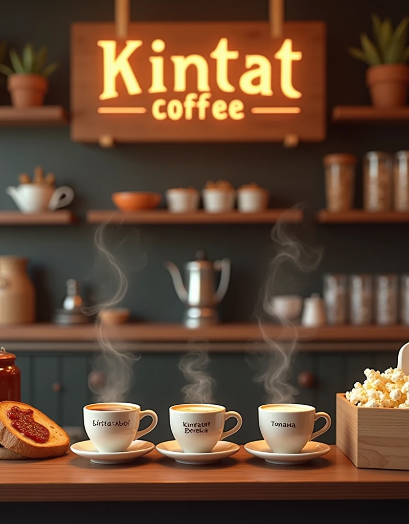 
SeaArt Bot
Txt2Img
Studio
 
A business shope sign named Kintat Coffee. With a Moccapot brew coffee on to a three cups. Each cup has a name printed on it says Kintat-Abol Kintat-Bereka and Kintat-Tonana. With full of coffee steam in the air. Toasted bread and jam spread on it. Popcorn with box at the back. And a sign at the bottom that says Enjoy your Coffee