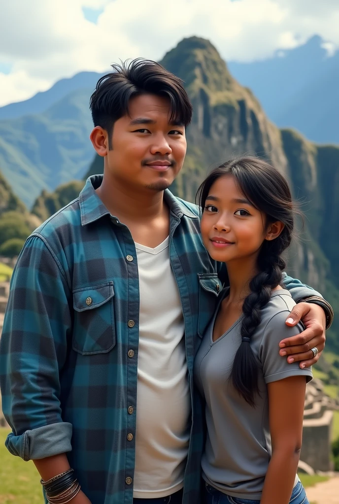 20-year-old Peruvian man, thick lipss, pronounced cheeks big eyes , overweight build , medium length straight black hair, using a small fringe on the right side , thick lips, wide forehead ,Without beard ,blue flannel shirt with white polo, and bracelets on his wrists, next to a 20-year-old girl., brownish skin ,medium build,, with a strong look ,with a shirt , straight hair braid, medium breasts , He was in Machu Picchu,