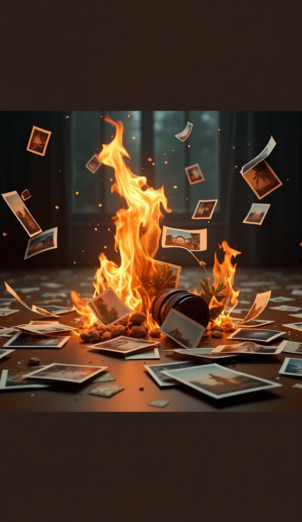 Generates an image of photographs falling to the ground while on fire with a camera with a broken lens lying on the ground. The falling photographs show nothing but a very blurry black and white background... 