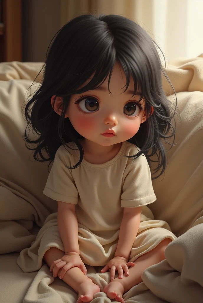A child, fine features and dark hair, sitting on a sofa