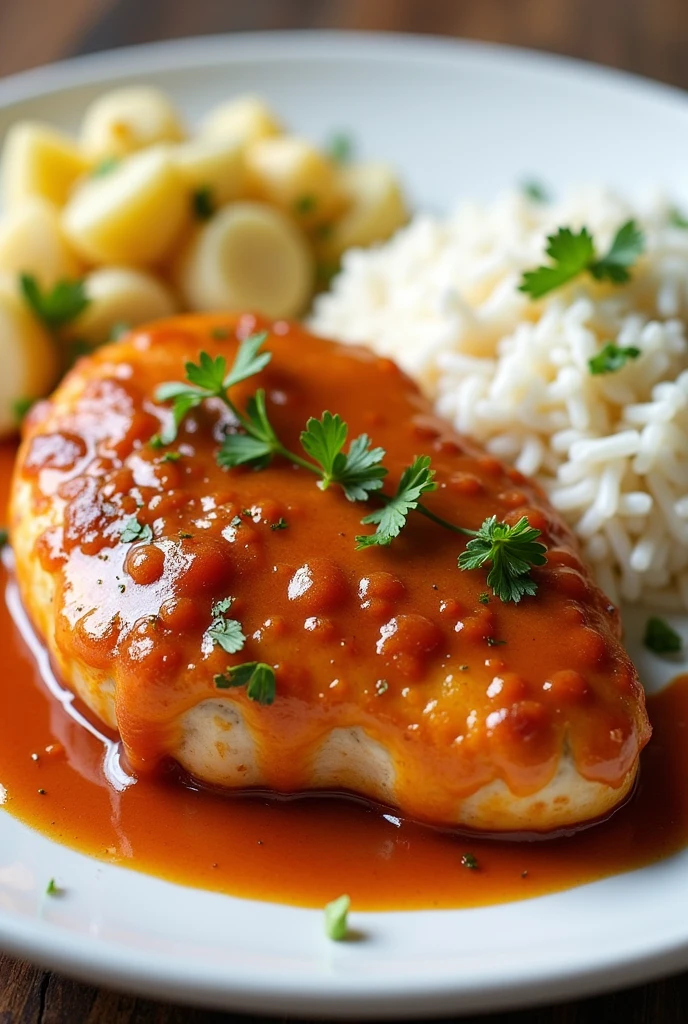 Plate with chicken breast with sweet and sour sauce, potato salad and rice