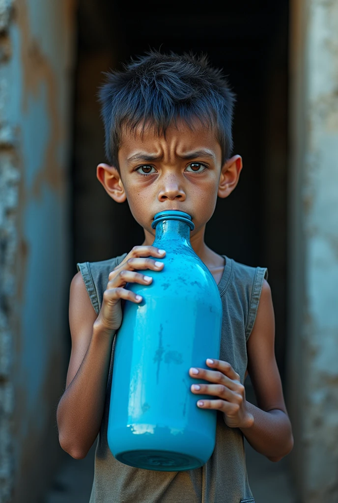 Make a frail Mexican boy with a wonky looking arm drinking a gallon of blue liquids