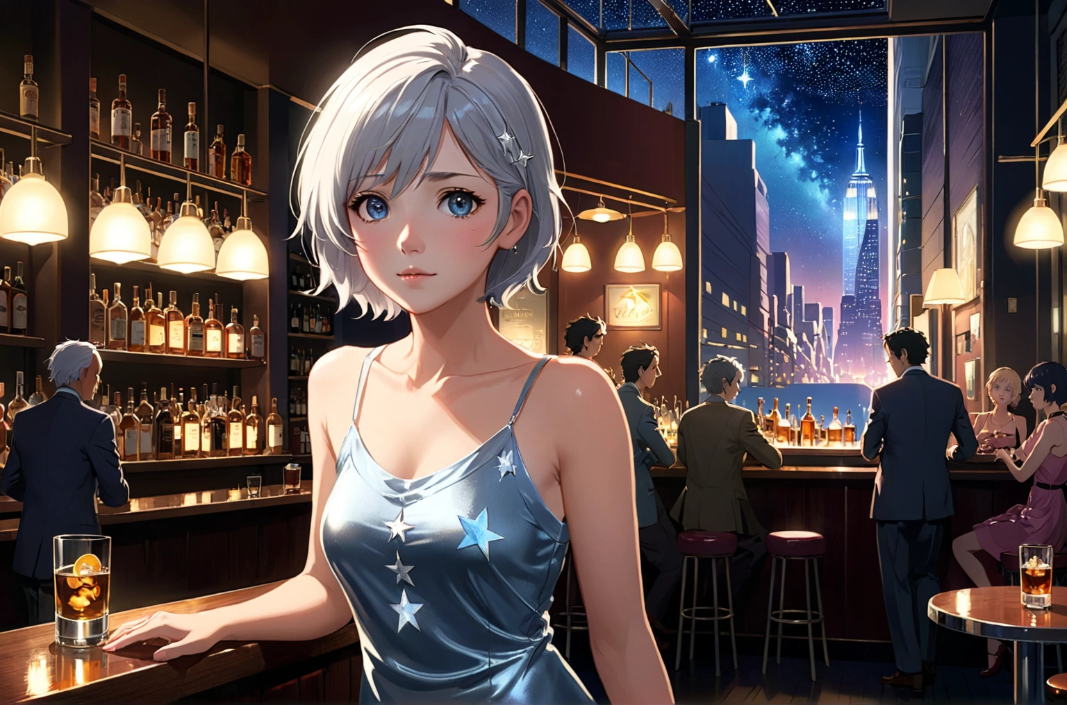 Uses Makoto Shinkai&#39;s depiction perfectly,Portrait of Alica Schmidt,8k 4k masterpiece photo ,new york,A jazz bar with a glass ceiling,The twinkling stars can be seen through the glass windows.,It&#39;s a dark night outside,Jazz is playing,The face is beautiful,Long Hair,Silver Hair,Look here,Standing alone at the counter,A glass of whiskey in front of me１There are、Pinkysilver&#39;s subdued tank top dress,The bust is large,Different store,