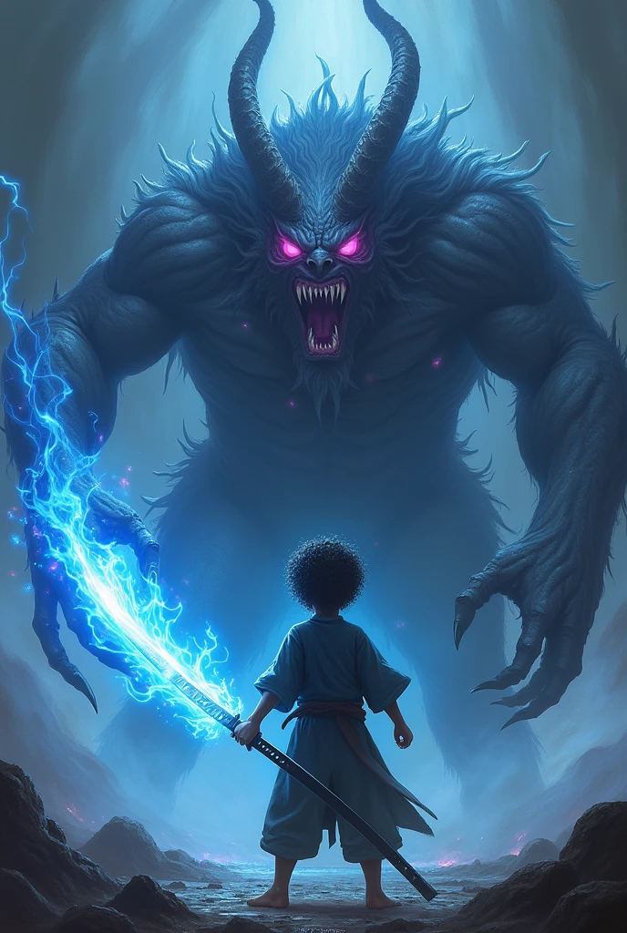 A dark skinned boy, and curly hair cutting a demon in half with a katana with blue fire, 