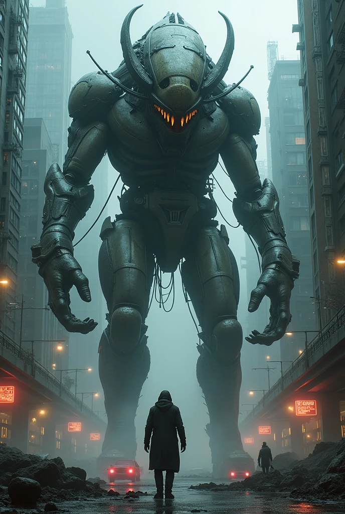 Dark cyberpunk scene with a giant half robot augmented alien 