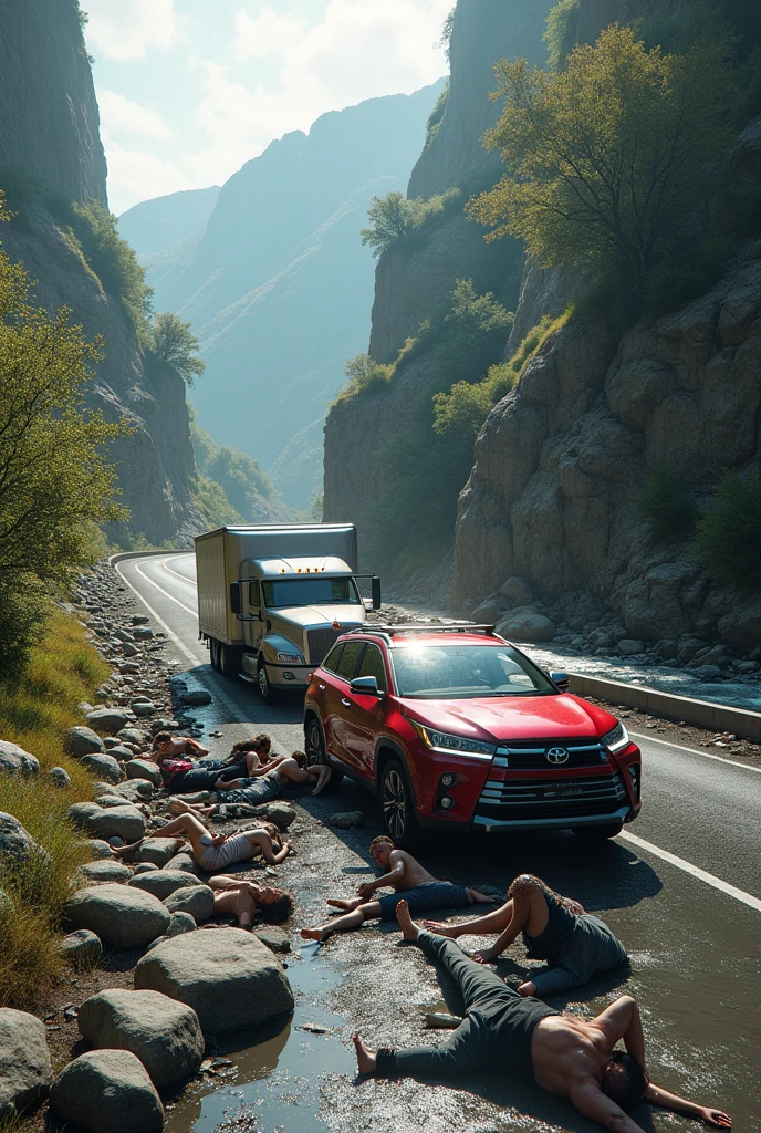 Car and trailer accident with people involved on a road that passes through a canyon with water and trees 