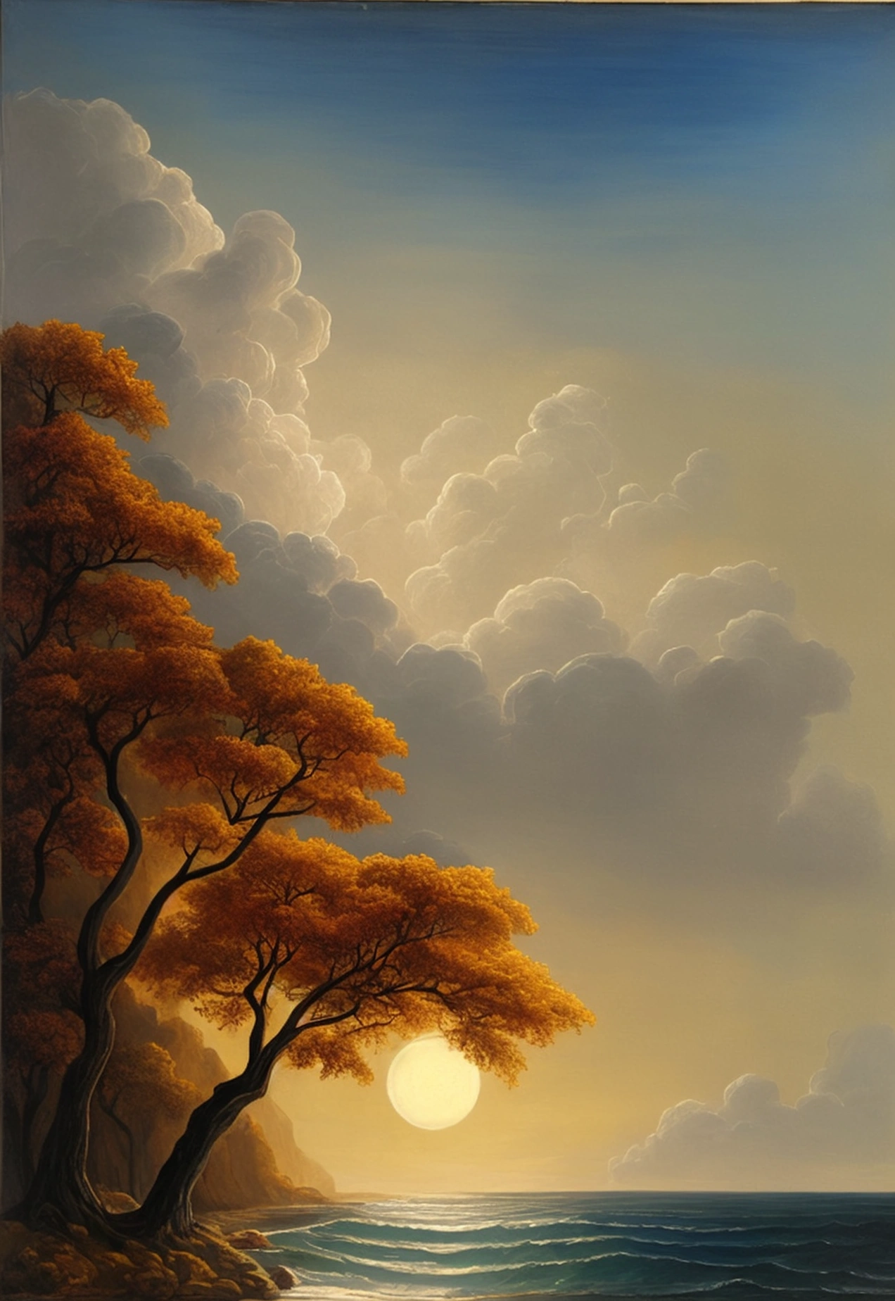 The painting is an expansive and poetic work that explores the interconnectedness of all elements of the universe, as described in the poem "Say I Am You". The scene is a rich combination of symbolism and abstraction, capturing the essence of unity and diversity in the cosmos. Each element is represented in a vibrant and interconnected way, reflecting the idea that everything is part of a single, vast and interdependent whole.
middle shot: Unity and Diversity at the Center of Painting, a central figure or an abstract representation symbolizes the unity and diversity of all the elements described in the poem. This figure is surrounded by a luminous aura that reflects the fusion of all forms of existence and experiences.. The figure can be presented in a fluid and ethereal way, with contours that blend in with the surrounding environment, symbolizing interconnection and universality.
Elements and Nature Each element described in the poem is represented in a symbolic and interconnected way:
Dust in the Sun's Ray and the Circular Sun: The painting includes a representation of the sun shining in the sky, with dust particles floating in its rays. Sunlight is represented as a radiant aura that illuminates and interacts with all other elements in the scene..
Morning Mist and Evening Sigh: The scene includes a smooth transition between morning fog and afternoon twilight.. The fog is represented by a soft, translucent veil, while the sigh of the evening is portrayed with warm, golden tones, creating a sense of tranquility and the passage of time.
Wind at the Top of the Woods and Breakers at the Foot of the Cliff: The top of the forest is represented with trees gently swaying in the wind., while the sea surf is depicted with strong, dynamic waves crashing against a cliff. These elements are painted with a sense of movement and energy., contrasting with the tranquility of other elements.