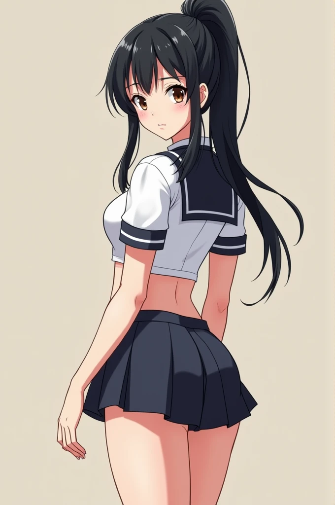 Creat anime image of a mom who is a strikingly beautiful woman in her late thirties. Her long, silky black hair is usually tied back in a ponytail, framing her heartshaped face. Her skin is smooth and pale, with a healthy glow. Her eyes are a deep brown, framed by long lashes that flutter when she's nervous.

Her body is curvaceous and mature. Her breasts are large and full, straining against the confines of her tiny crop top. Her waist is relatively slim, accentuating the flare of her wide hips. Her thighs are thick and shapely, leading down to toned calves. Her most prominent feature is undoubtedly her huge, round bottom  perfectly shaped and impossibly perky for a woman her age. Show her in very short school uniform
