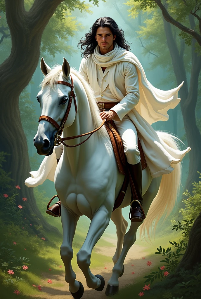 handsome and manly man, incredibly beautiful and feminine face)), ((long black hair falling over his shoulders)), ((sapphire blue eyes)), ((Terry Granchester) ), ((), Natural light, Dynamic, Highly detailed, Artstation painting, Concept art, Soft & sharp, Sharp focus, Illustration, High shot, Slim body ((wearing white pants, high collared shirt and a white cape)) riding a thoroughbred a beautiful white horse in a forest (in 1914) wearing a white jacket and a white scarf wrapped around his neck.