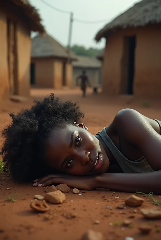 ,Generate an image of black beautiful lady laying on the floor crying heavily in a village setting
