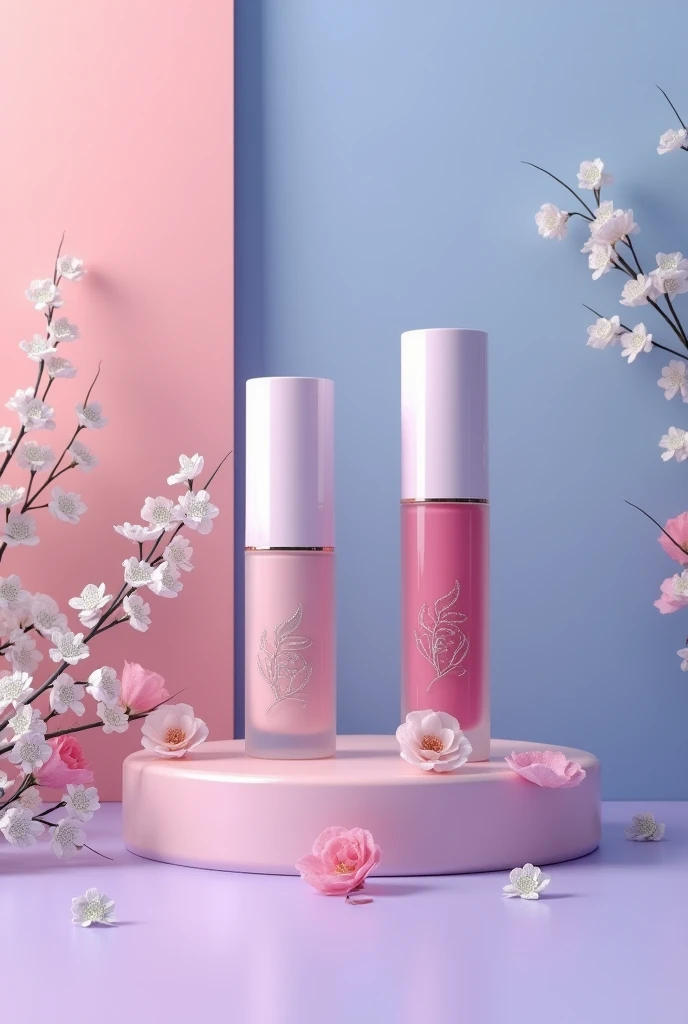 Visual identity of a lip gloss and lipstick company called chic bloom in pink, purple, blue and silver,  products with the logo 
