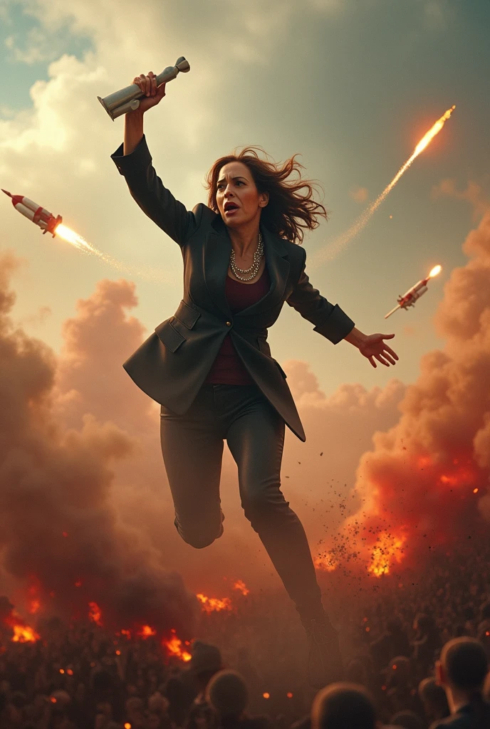 Kamala Harris throwing bombs at a defenseless population from the sky, looking like a Jewish monster and massacred people. She has blood on her hands and can be seen in the image as she throws bombs and kills children. She is evil and destroys nations.