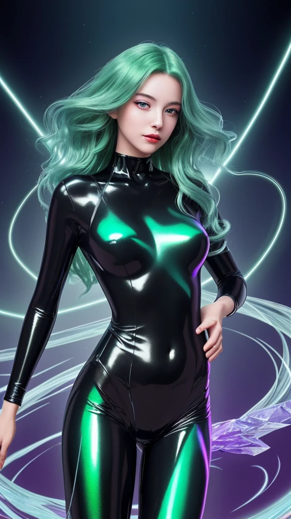 masterpiece, Highest quality, One girl, with long flowing iridescent hair in shades of purple, green, Green and, Wearing a shiny black bodysuit, Place one hand on your hip、In the other hand, a light shines, Magic crystal ball. background, A swirl of light and energy、It gives the scene a mysterious and enchanting atmosphere.。. glow 髪, Multicolor Hair,Real Photo