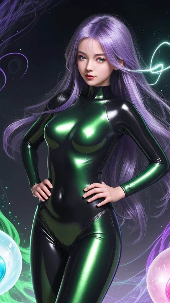 masterpiece, Highest quality, One girl, with long flowing iridescent hair in shades of purple, green, Green and, Wearing a shiny black bodysuit, Place one hand on your hip、In the other hand, a light shines, Magic crystal ball. background, A swirl of light and energy、It gives the scene a mysterious and enchanting atmosphere.。. glow 髪, Multicolor Hair,Real Photo