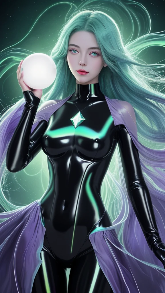 Thin anorexic woman, pale, long neck, long black hair, large breasts, hour glass frame.wears a purple v neck bodysuit, she is inside a stasis . She has her eyes closed. A life monitor is beside the pod.