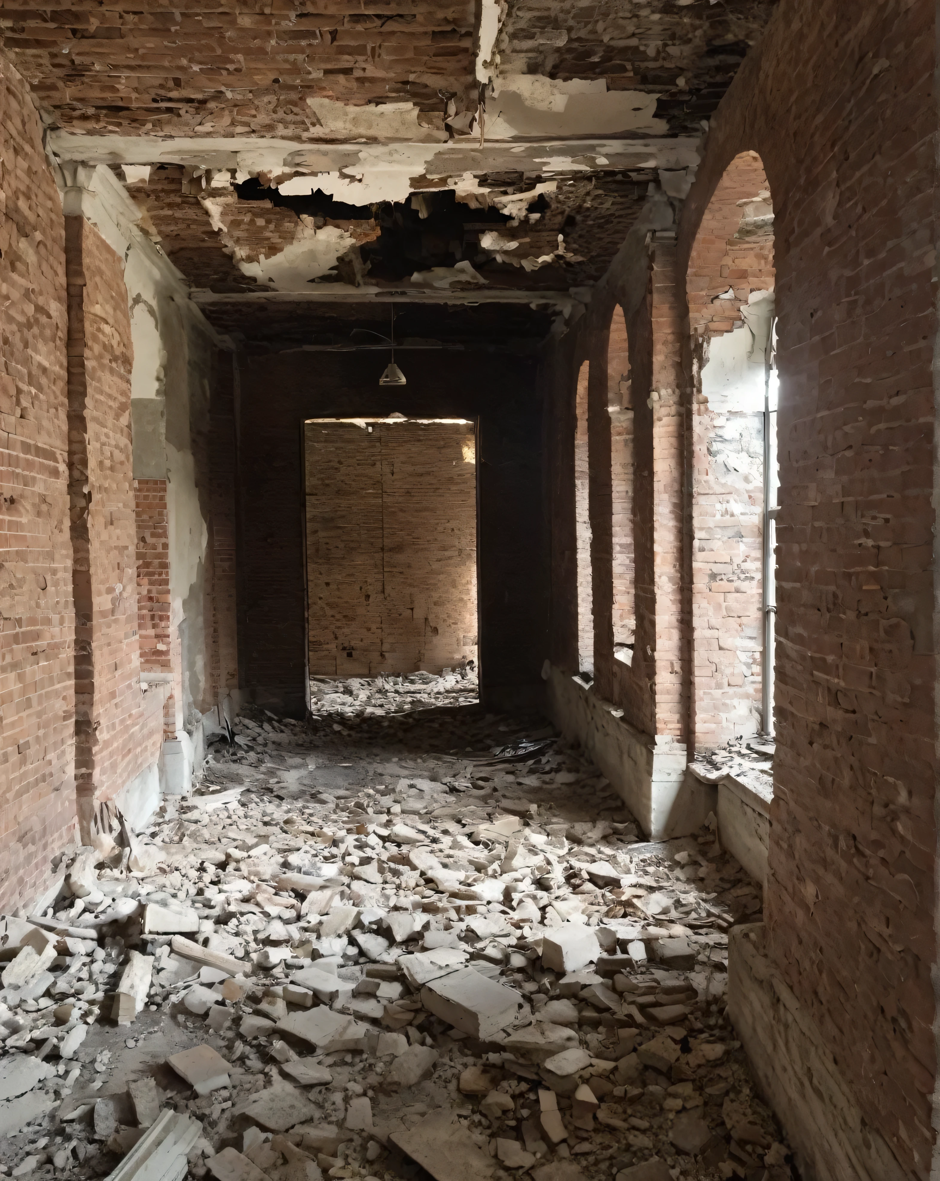 Inside a large, mysteriously collapsed brick building,Extremely high ceilings, Part of the wall collapsed、There&#39;s a big hole in the ceiling,Black clouds can be seen through the hole in the ceiling、Rain is pouring down,Moss and ivy grow on the walls and ceiling.,The floor is covered with rubble.,There is a single large tree growing directly under the hole in the ceiling.,Under the tree was a large pile of fallen rubble.、The rubble is wet、Unleashes otherworldly darkness. stone path, Blurred, Fantasy, amazing