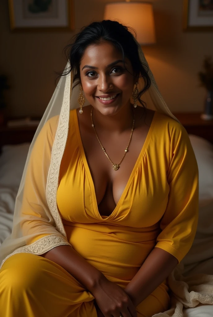 photo of Hot Indian Mature Aunty, Dusky Skin, Wearing Tight Yellow Kurti with Thin White Stole around her Head, Large U Cut Cleavage Exposed, Hair Tied behind, Sitting on Bed, Smiling, Dim light in the room.