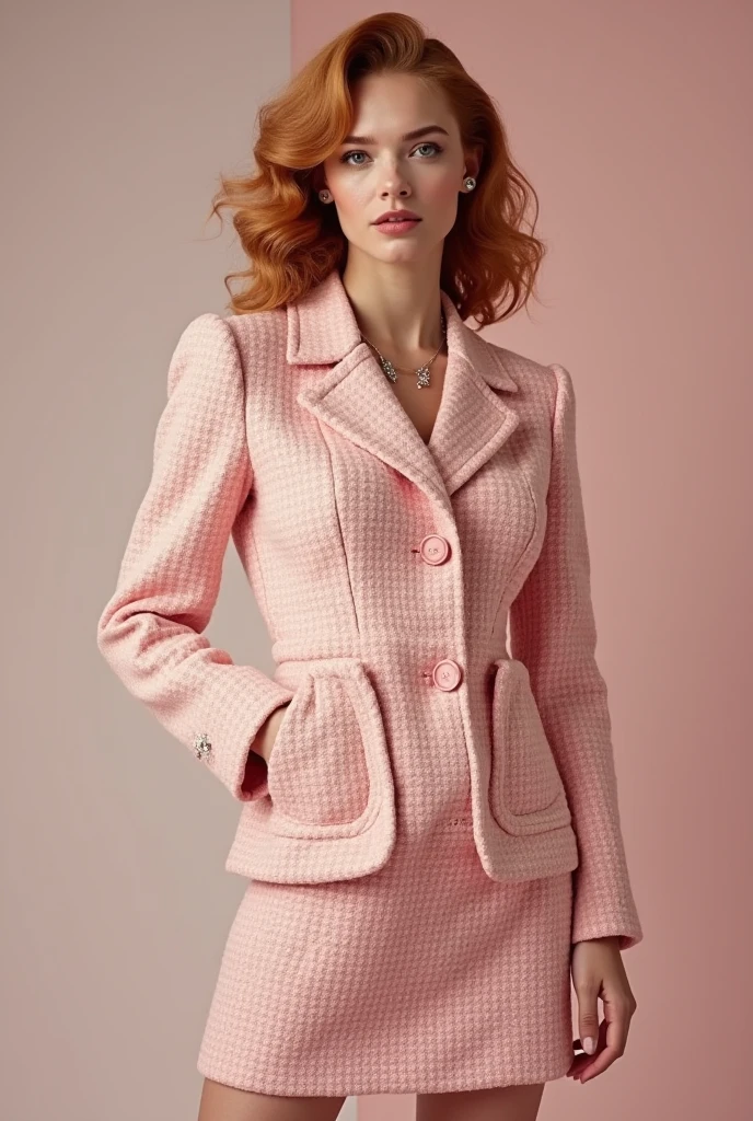 Anya taylor-joy wearing pink Chanel Tweed Jacket with matching color tweed skirt