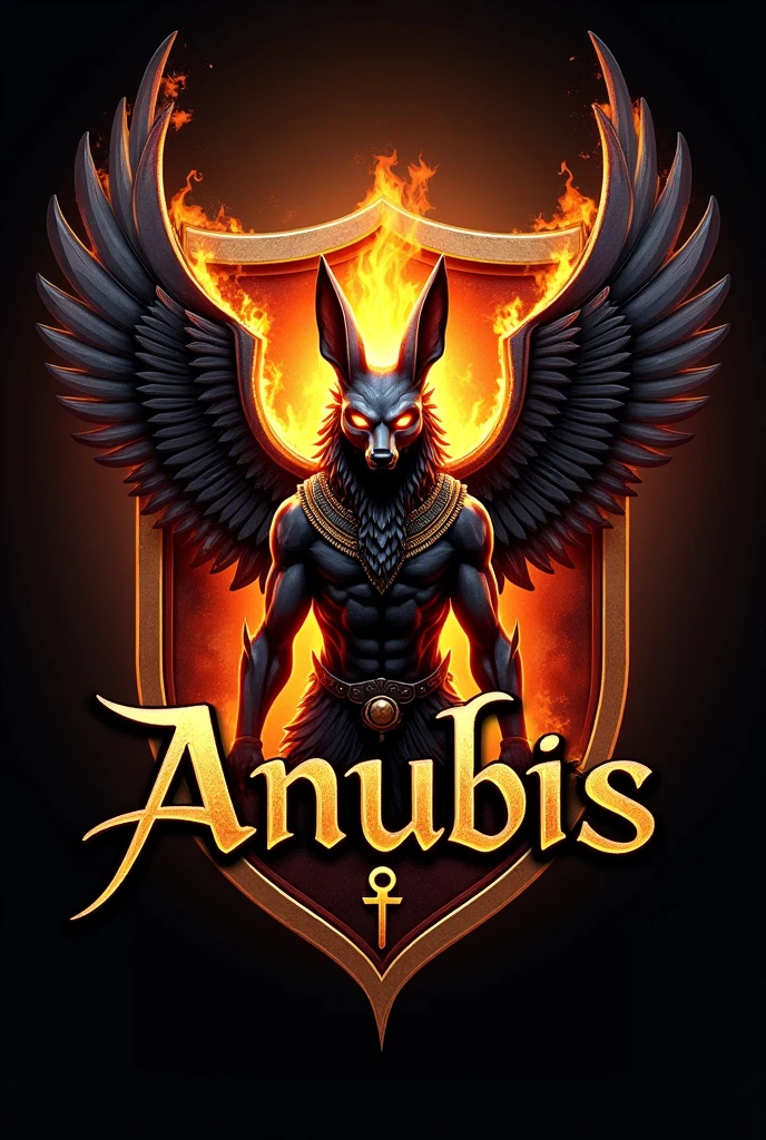 ((best qualityer)), ((work of art)), (detailded), create a gamer logo with the character egyptian god anubis, The logo must have a coat of arms with the character in front of the front bust, e o nome escrito ANUB☥S a letra i te que ser substituidada pela Cruz de Ansata ☥, Anubis has to be on fire epic gamer style with wings and dragon style, and anubis has to look bad, the colors have to be gold, black and red, don&#39;t forget to insert the name ANUBIS