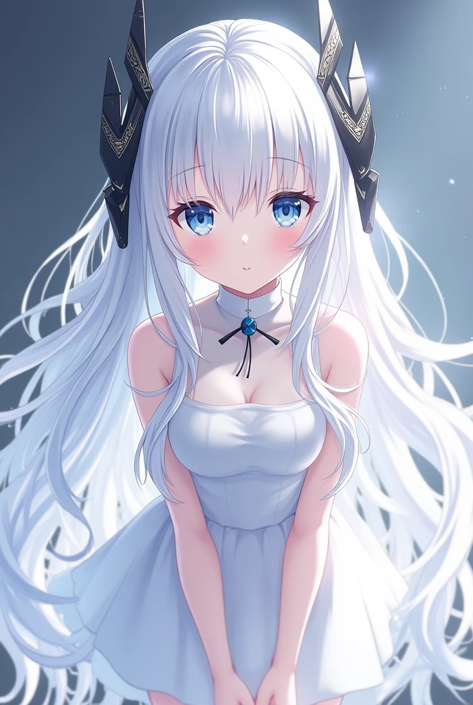 A Japanese anime style girl with long white hair，M-shaped bangs，There are only two black head ornaments on the top of her head that resemble upward-pointing arrows.，In the middle of each upward-pointing arrow there is only one blue round bead dotted in the middle of the arrow.，Have a pair of beautiful blue eyes，Wearing a short white dress