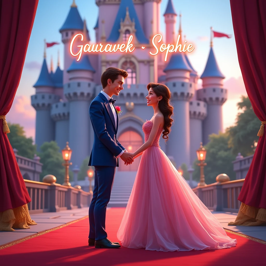 Create a disney couple animated avtar full body image where both are holding each other's hand, wearing blue and pink luxury dress and standing on red carpet , in background the chair of a king with full castle background with flags. Make name visible and clear In background the name "GauravEk ❤️ Sophie" bold and glowing, showing in bold reflection in shadows, place this name just above their head.