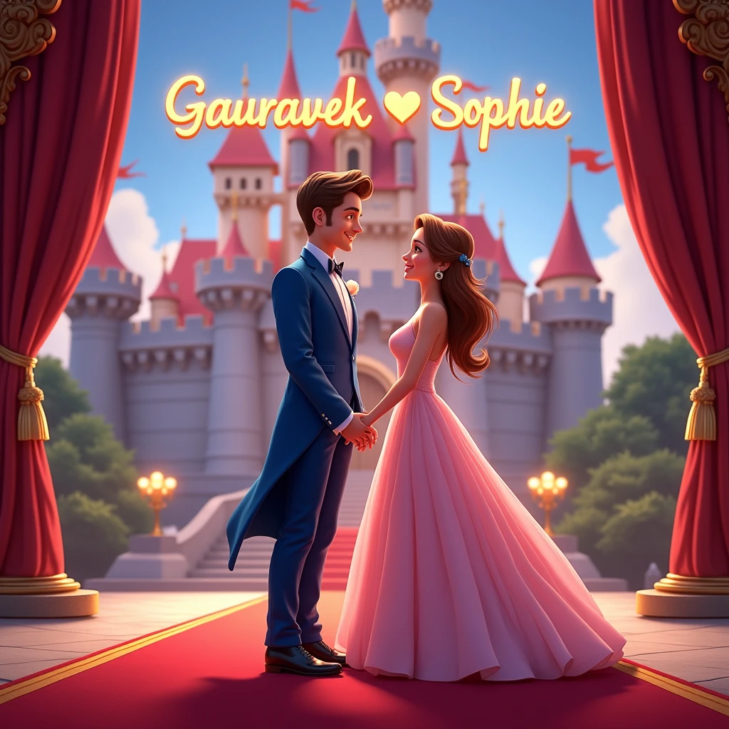 Create a disney couple animated avtar full body image where both are holding each other's hand, wearing blue and pink luxury dress and standing on red carpet , in background the chair of a king with full castle background with flags. Make name visible and clear In background the name "GauravEk ❤️ Sophie" bold and glowing, showing in bold reflection in shadows, place this name just above their head.