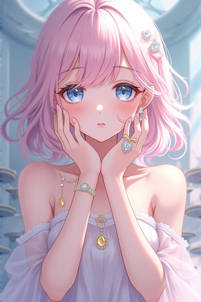 Can you make me a picture of an anime style character?, She is a girl with pale pink hair and ice blue eyes., Her skin is pale white, She wears rings with precious stones on each finger and her ears have earrings adorned with precious stones in white gold.
