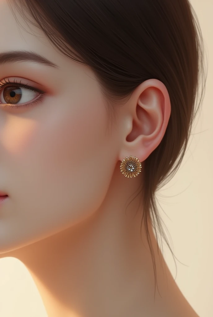 Generate a realistic image of a woman's face with a focus on highlighting her ear. The woman should have a neutral, natural expression, with her hair pulled back or tucked behind her ear to ensure the ear is fully visible. The skin should be smooth and evenly toned, with soft lighting that emphasizes the contours of the ear. The ear should be positioned prominently, with detailed texture and clarity, making it ideal for showcasing earrings or other accessories. The background should be plain and unobtrusive to keep the focus on the face and ear.