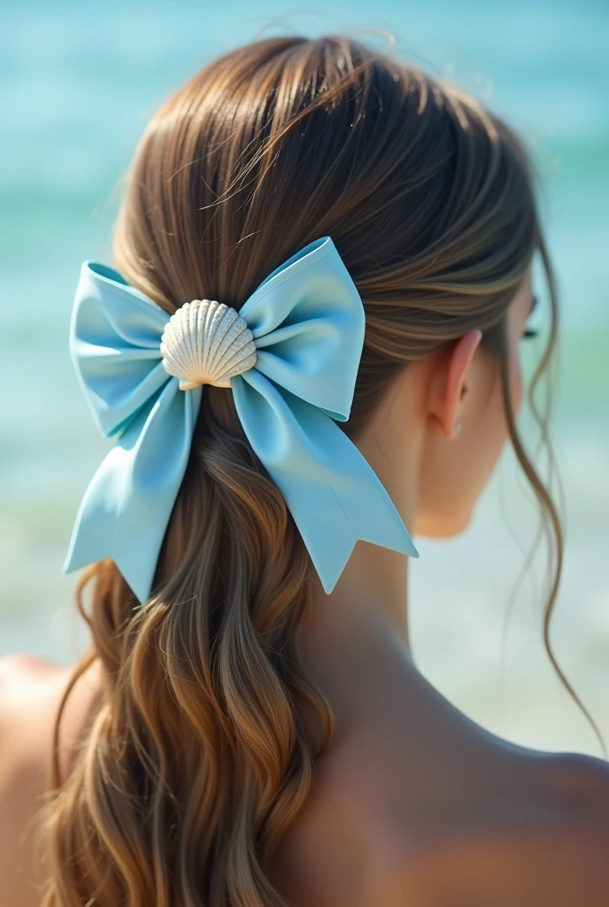 A simple light blue bow with a seashell in the middle