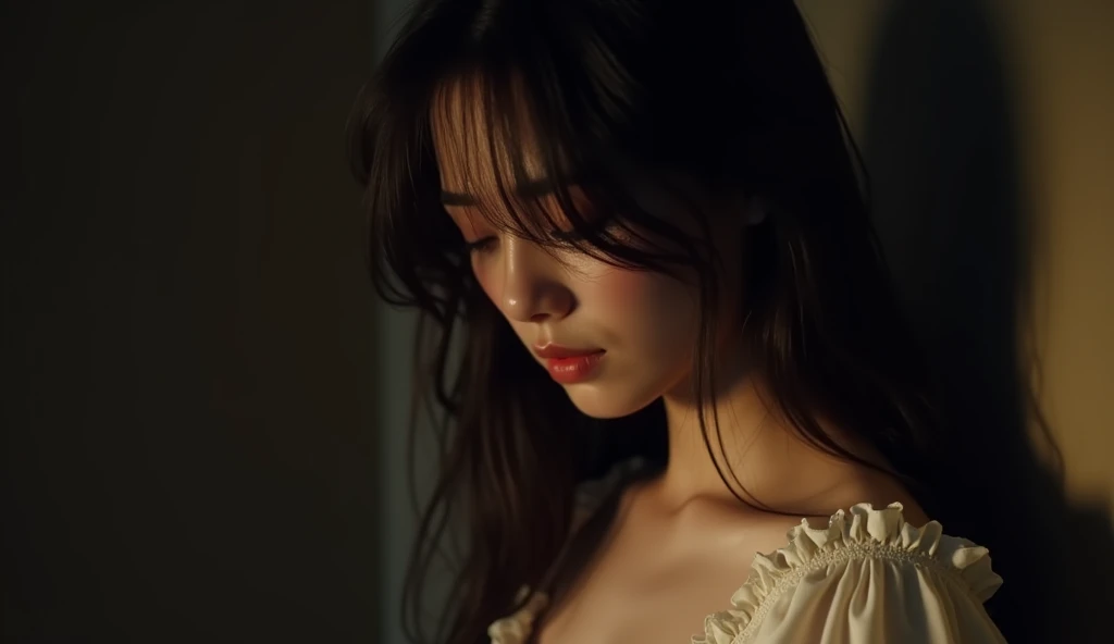 Cinematic. A detailed profile photo depicts a young woman, focusing on the upper torso and head area. The woman has long, straight black hair that flows down, partially obscuring the face. The hair is depicted with detailed strands, some of which cover parts of the woman's face. The woman is wearing a white ruffled nightgown with delicate frills along the collar and sleeve edges. The fabric appears soft and is slightly creased, indicating movement or tension. The warm lighting is soft but casts shadows that enhance the contours of the face and fabric, giving depth to the image. The background is dark, contrasting with the lighter tones of the skin and clothing. The overall mood is melancholic, as the character's posture suggests sadness or deep thought, with the head bowed and hair falling forward.