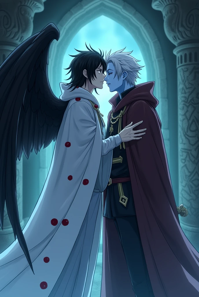 Inside a Mystical tomb there is a couple of two men, one of them is on the right, has cyan skin, white hair and a pointy tail, he is wearing a wizard's cloak, the man on the left has pale skin like a ghost, black hair, he has huge black wings and is wearing a white cloak with red spots, they are kissing, both men, the image has to be in anime.