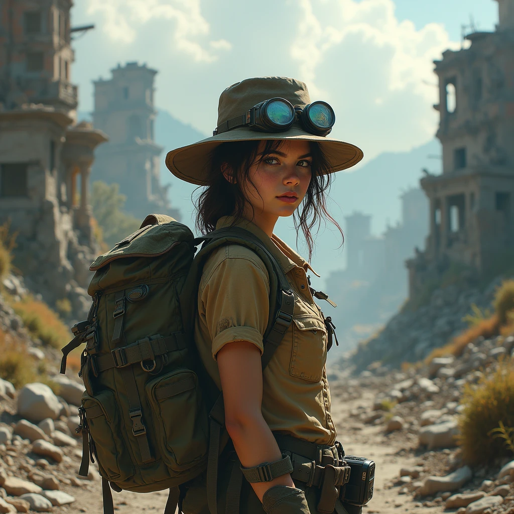 ((Highly detailed anime art)),Woman in ruins,City Ruins,Ranger Equipment,Rugged Backpack,tent,goggles,hat,((masterpiece, Highest quality, Extremely detailed CG, unity 8k wallpaper )),(masterpiece, Highest quality, Highest quality, Official Art, beautiful),Very vivid,High-precision images,Ultra-high resolution,Great art,Poster Art,Impressive photos,Impressive art,beautiful顔,Perfect Face