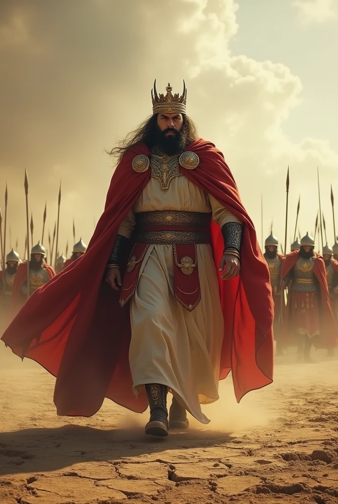 He steps forward on cracked earth, shouting, “Who dares face a king?” His voice cuts through the wind, causing Persian soldiers to freeze, unsure and awestruck.