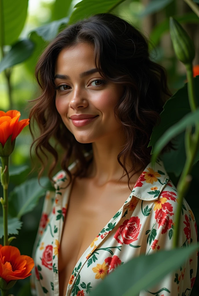 A Brazilian woman in a lush tropical garden, wearing an open shirt with a floral print, with a close-up capturing the harmonious beauty between her breasts and the natural flowers, showing off your natural charm and outgoing personality.