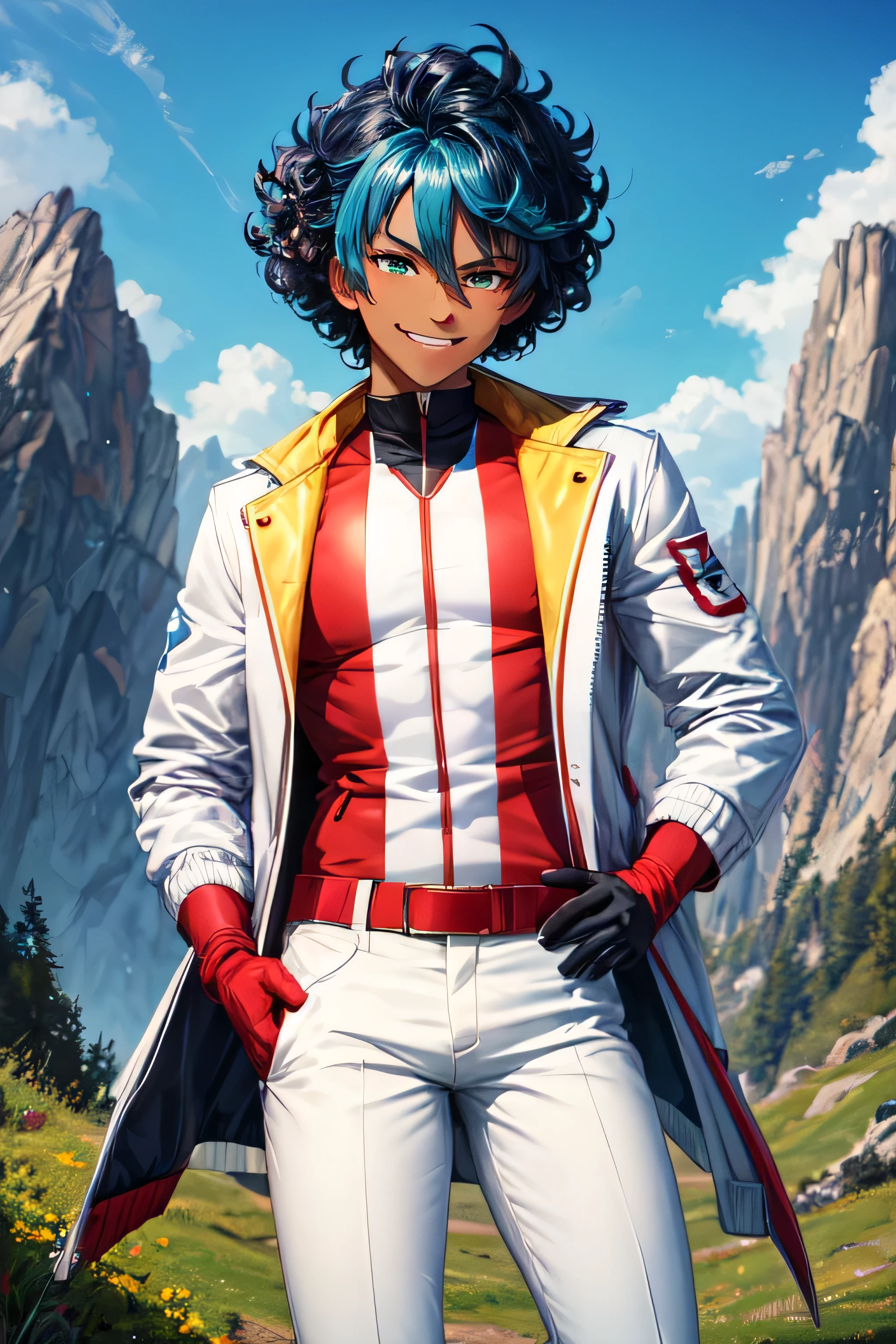 ((best quality)), ((masterpiece)), (detailed), ((male)), dark green eyes, ((dark skin)), blue hair, curly hair, medium hair, white jacket, white pants, (red letter "R" on front on jacket), (evil smile), standing on mountain, light blue sky, black gloves, black boots, pokeball,