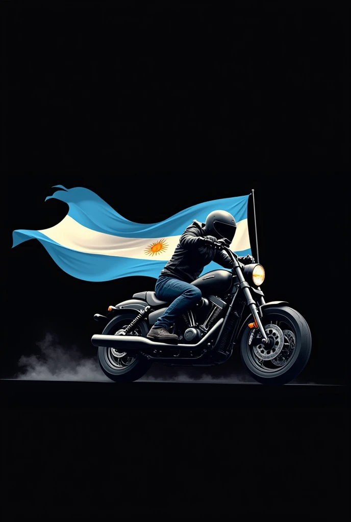 Generate an animated version of a motorcycle and the biker with a flag in the colors of Argentina. Black plain background and black motorcycle in foreground, picsar animation style