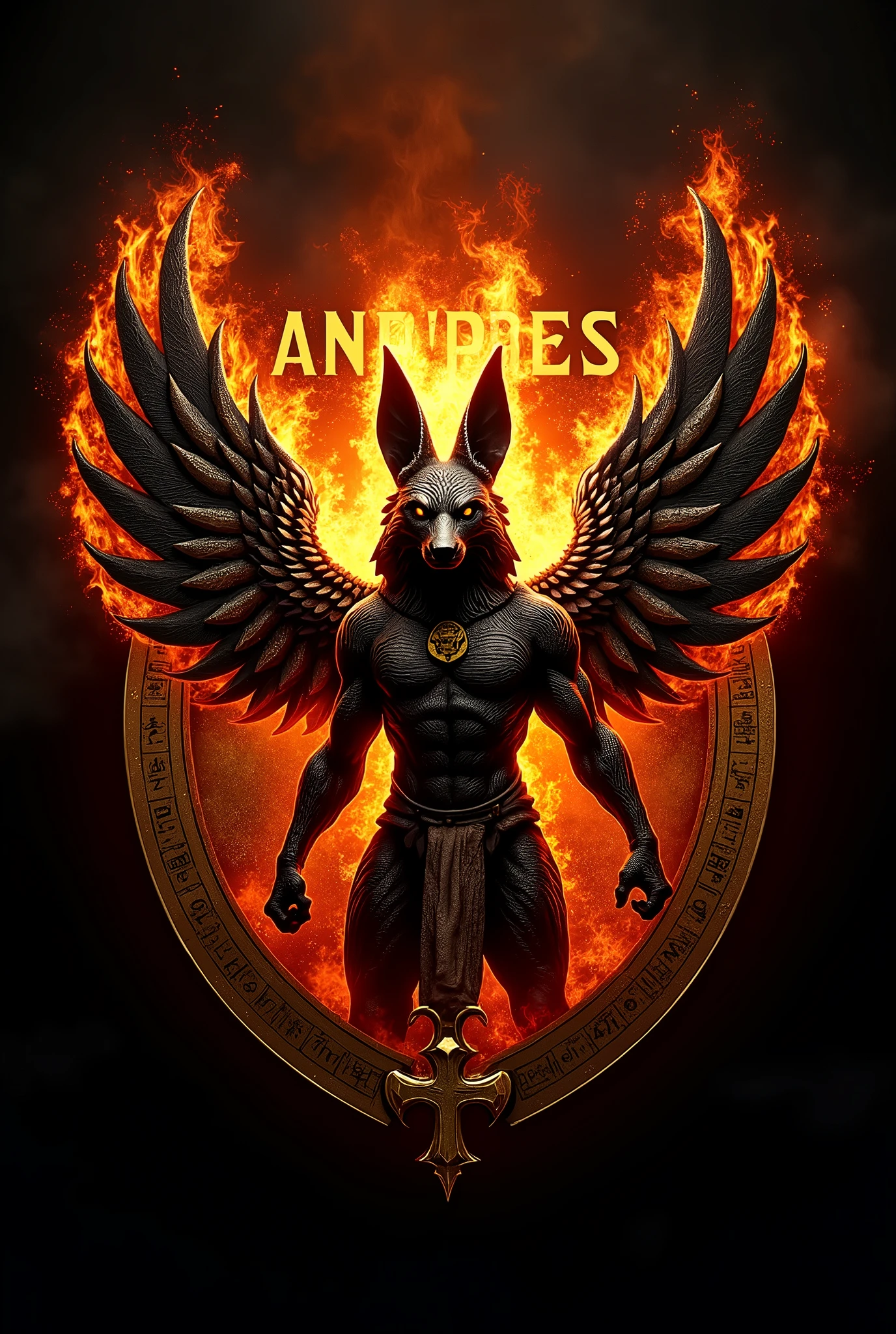 ((best qualityer)), ((work of art)), (detailded), create a gamer logo with the character egyptian god anubis, The logo must have a coat of arms with the character in front of the front bust, e o nome escrito ANUB☥S a letra i te que ser substituidada pela Cruz de Ansata ☥, Anubis has to be on fire epic gamer style with wings and dragon style, and anubis has to look bad, the colors have to be gold, black and red, don't forget to insert the name ANUBIS