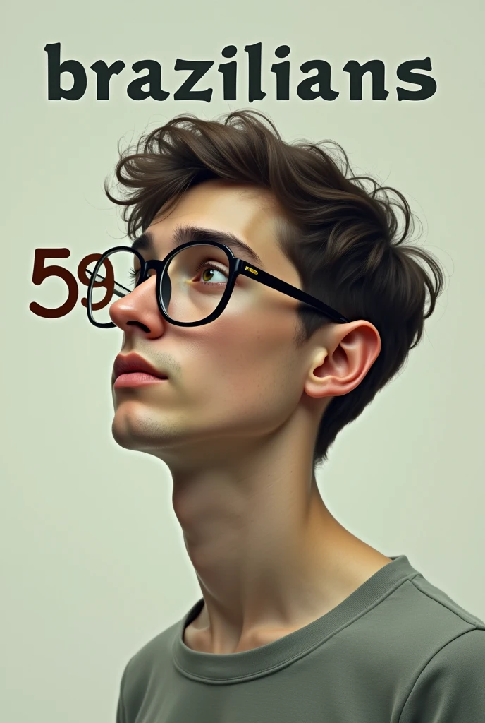 A white boy,59 coming out of his nose, he wears glasses and has a giant name on top of it. "BRAZILIAN"