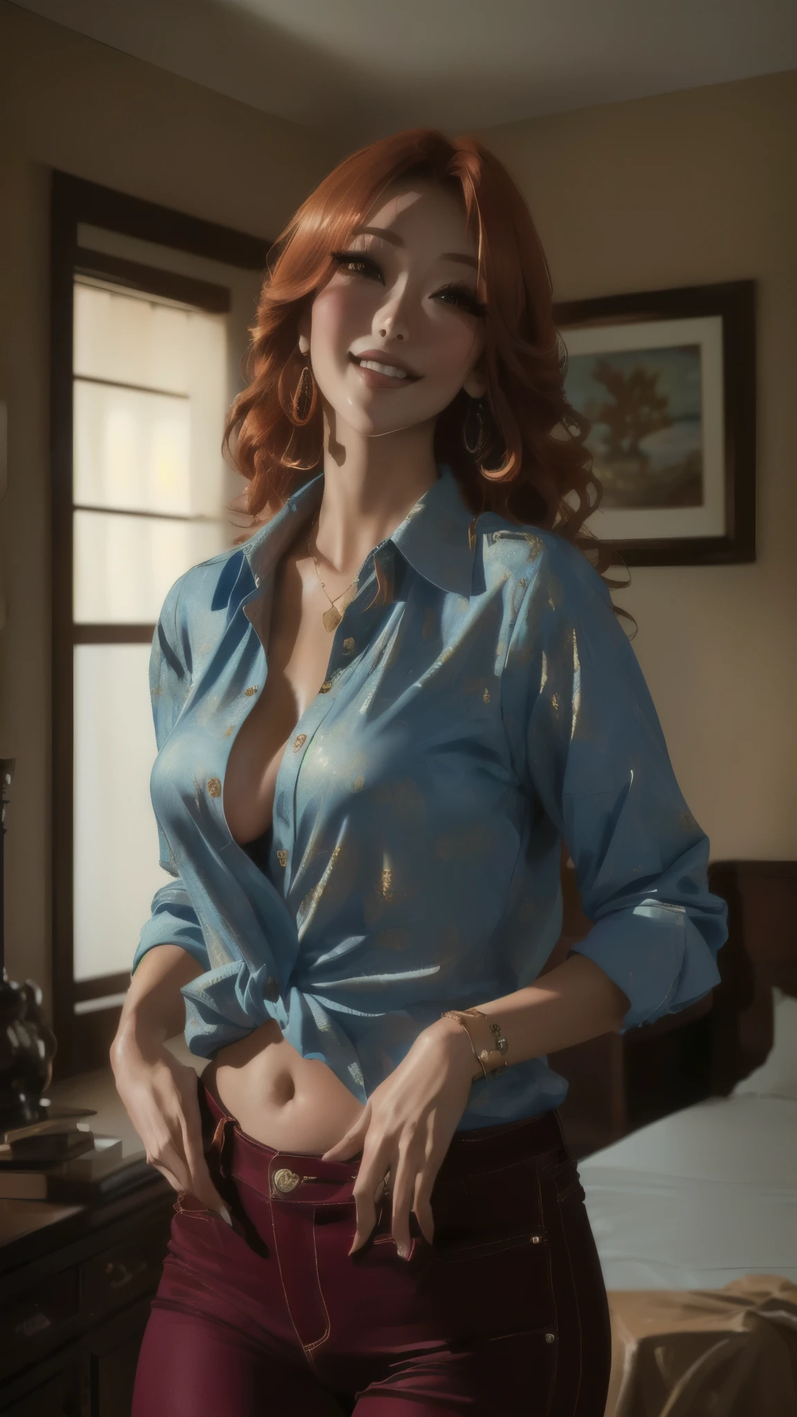 (best quality,4k,8k,highres,masterpiece:1.2),ultra-detailed, 1woman, Japanese woman, gyaru, five foot five inches tall, 42 years of age, ginger colored hair, mole by her left eye, blue button up blouse, maroon jeans, large swollen breasts, wide hips, dancing around mid-western suburban american house, seductive pose, smiling lustfully, looking at viewer lovingly, ((intricate detail)),(((realism))), HDR, 8k, absurdres, cinestill 800, sharp focus, add_detail:2, (solo, woman)