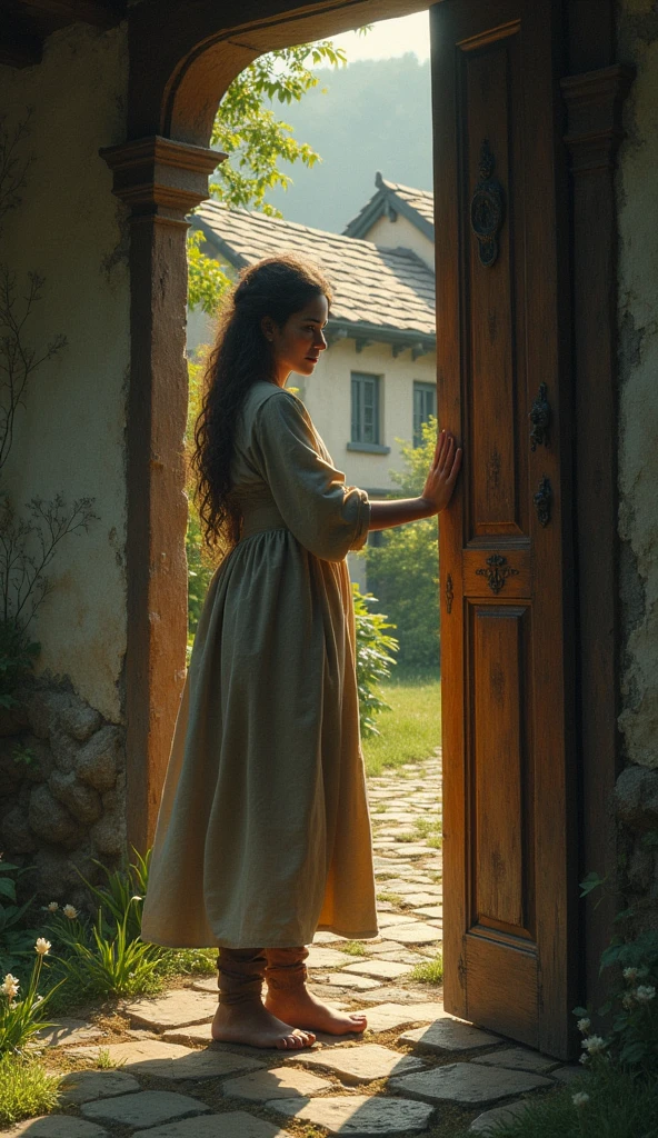 The woman is shown knocking on the door of a house in the village, speaking to the inhabitants, searching for a mustard seed from a home untouched by death.

