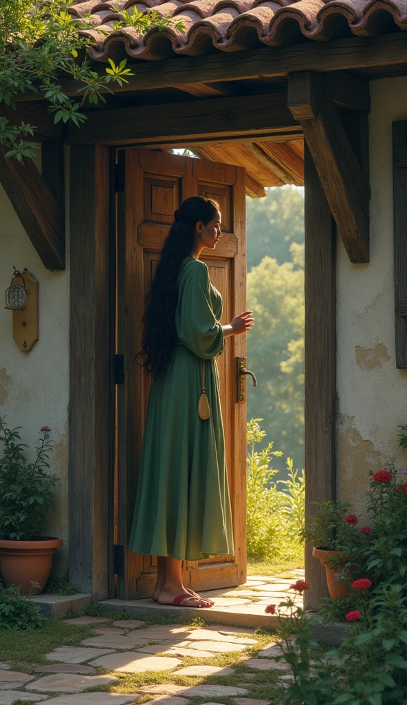 The woman is shown knocking on the door of a house in the village, speaking to the inhabitants, searching for a mustard seed from a home untouched by death.


