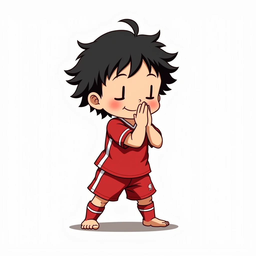 Cute ??? smiling in Toriyama Akira style, bowing like a Thai person and wearing a Liverpool shirt, standing in a cartoon style, high quality dynamic photo, detailed and colorful, realistic and colorful pose, white background.