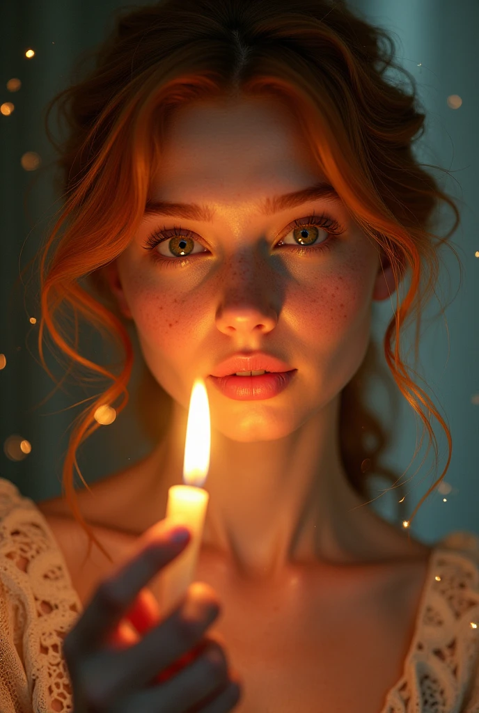 Woman taking a selfie looking at the camera, woman is hilding a burning candle, gengibre com sardas, perfectly proportions, Imagem centralizada, light particles, caprichoso, visualmente rico, cinemactic, Mschiffer, Arte do papel de parede, Papel de parede UHD, Holographic