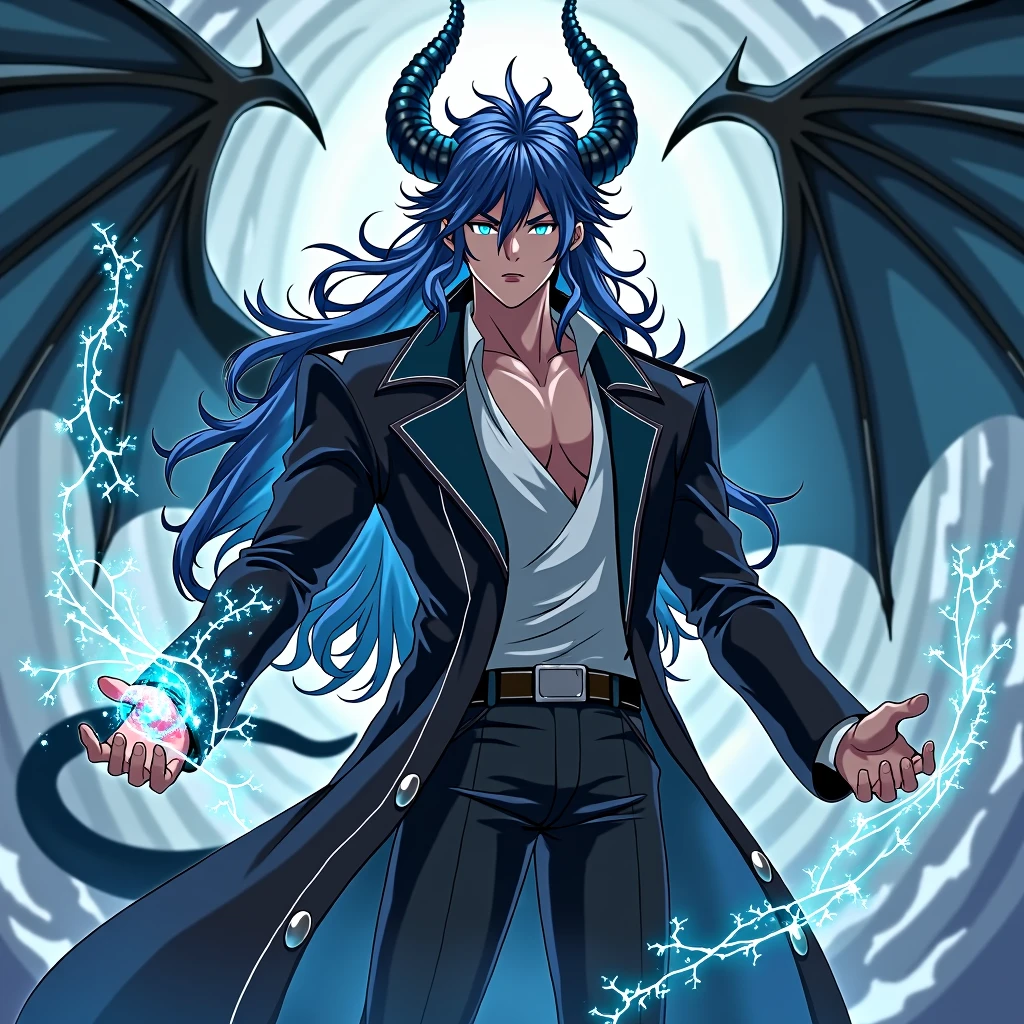 1 male, anime art style, young man, Long hair, dark blue and white hair, wearing a black Coat, Dragon Horns, Black Dragon Wings, Aquamarine Eyes, a muscular body, pointy ears, with a Silver and black magic aura, and the power of space on his hand while the space behind him is cracked and blurry, high resolution,