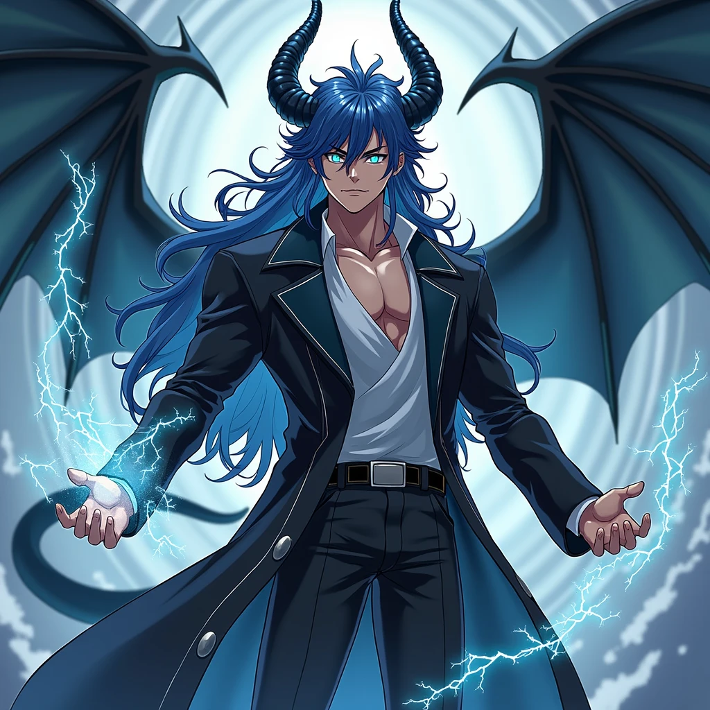 1 male, anime art style, young man, Long hair, dark blue and white hair, wearing a black Coat, Dragon Horns, Black Dragon Wings, Aquamarine Eyes, a muscular body, pointy ears, with a Silver and black magic aura, and the power of space on his hand while the space behind him is cracked and blurry, high resolution, 