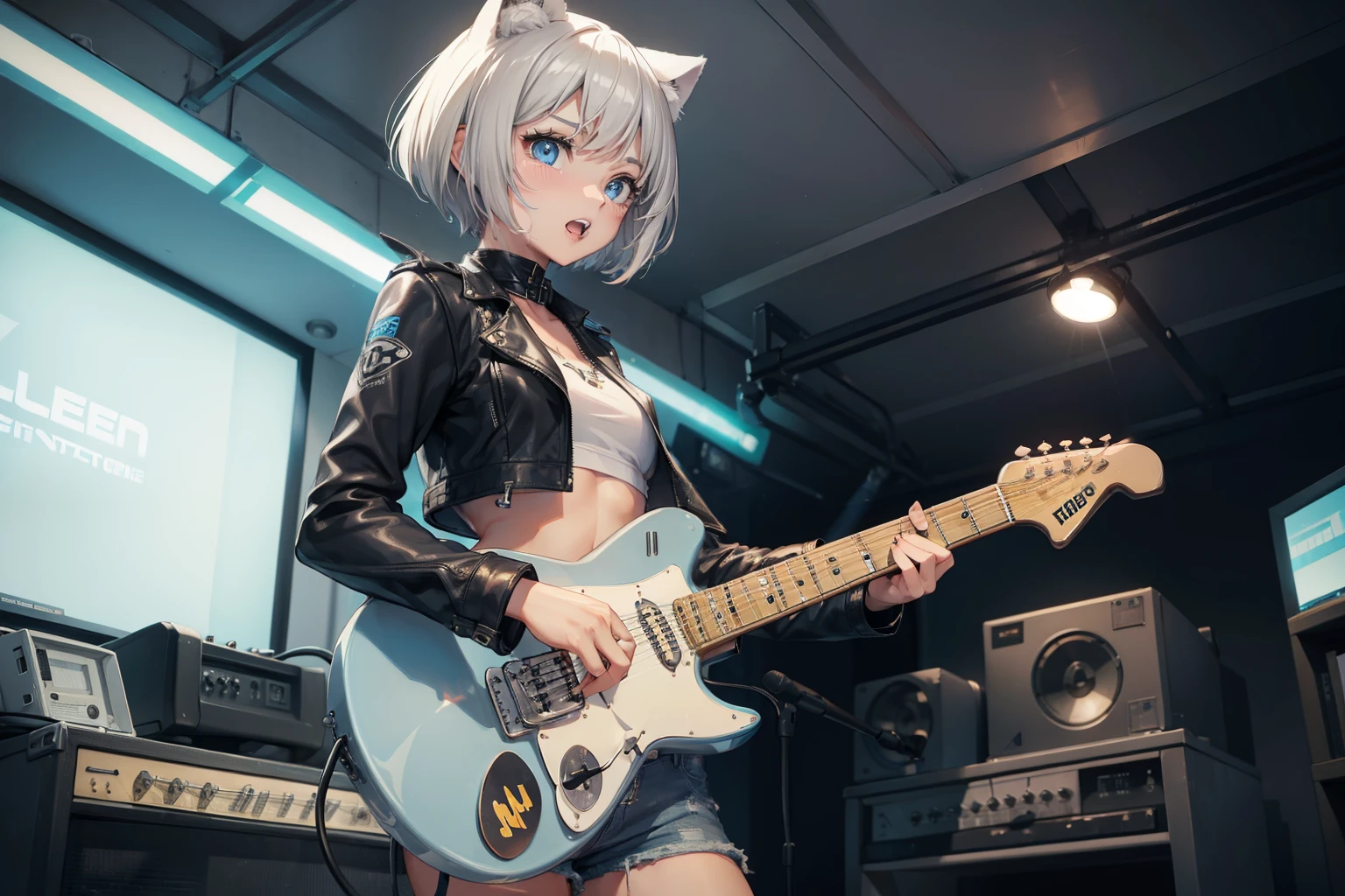(masterpiece), (best quality), (High quality), high resolution, BREAK expressive eyes, perfect face, 1girl, grey cat ears: 1.5, medium hair, grey hair, pixie cut, BREAK, big eyes, perfect eyes, blue eyes, thick eyelashes, thin eyebrow, tears in eyes BREAK short height, slim bulid, angry, singing, open mouth, medium breasts, BREAK (leather cropped jacket: 1.4), unzipped, (white cropped tanktop: 1.4, sleeveless), jeans shorts: 1.4, BREAK ((holding electric guitar, playing electric guitar:1.5)), BREAK cowboy shot, view from front, (recording room),