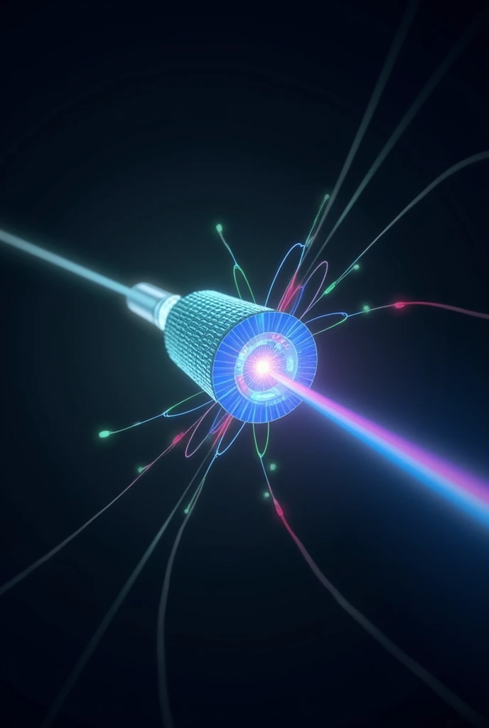 Create a detailed image of a graded-index optical fiber, shown in a cross-sectional view. The fiber should be depicted with a smooth gradient in its refractive index, transitioning from a higher index at the core center to a lower index near the edges. Illustrate light passing through the fiber in the form of curved, wavy lines that gradually bend back towards the center as they propagate along the length of the fiber. This bending effect demonstrates how the varying refractive index guides the light, keeping it within the fiber. The light paths should be shown in different colors, like blue, green, and red, to represent different modes of light transmission. The background should be dark and minimal, ensuring the focus remains on the light paths and the graded index structure. The overall atmosphere should convey the concept of efficient, controlled light transmission through advanced optical technology.